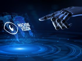 Machine vision AI artificial intelligence concept. Robot hand Pressing button 3d render